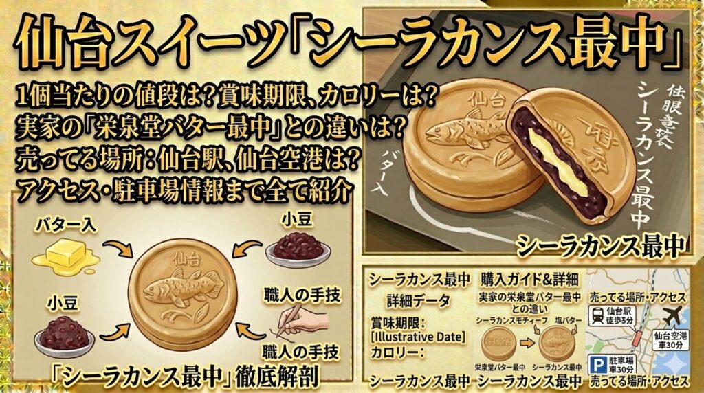 仙台スイーツ「シーラカンス最中」の1個当たりの値段は?賞味期限やカロリー、実感の栄泉堂バター最中との違いは売っていると場所、仙台駅や仙台空港では売ってる?アクセスや駐車場情報など解説