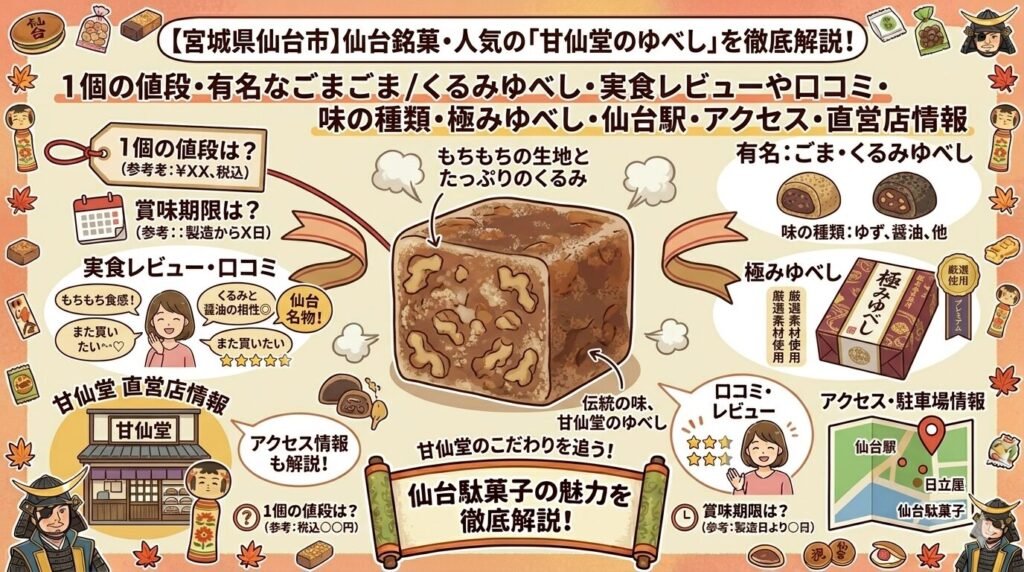 人気の仙台銘菓「甘仙堂のゆべし」の値段は?有名なごま・くるみゆべしの実食レビューや口コミ、味の種類や極みゆべし、仙台駅で買える?アクセスや直営店情報も解説!