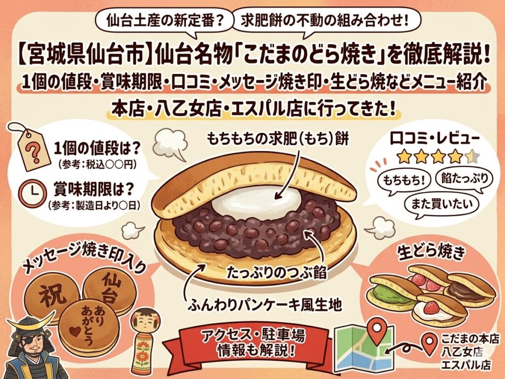 仙台名物「こだまのどら焼き」1個の値段は？賞味期限や口コミ・レビュー、メッセージ焼き印や生どら焼などメニュー紹介、本店や八乙女店、エスパル店に行ってきた！アクセスや駐車場情報も解説！