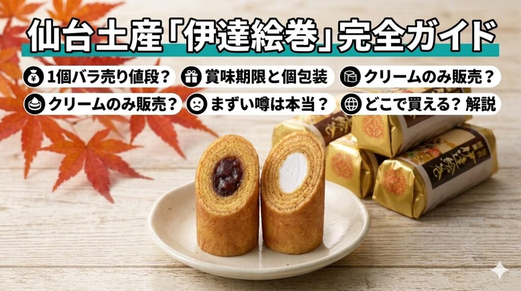 仙台土産「伊達絵巻」の1個バラの値段は？何個入りがあってバラ売りは？賞味期限やクリームのみの販売、個包装でばらまき土産に最適、まずいって噂は本当？販売している場所など解説